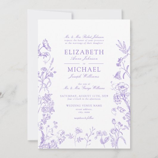 Klassieke Lila Lavendel Chinoiserie Bloemenbruilof Kaart (Voorkant)