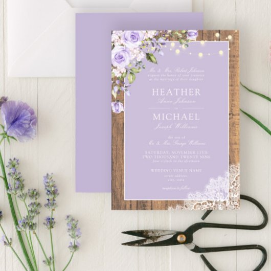 Klassieke Lila lavender Rustic Wood Weddenschap Kaart