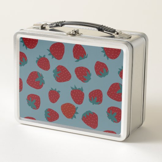 Klassieke lunchbox met aardbeien op turquoise (Voorkant)