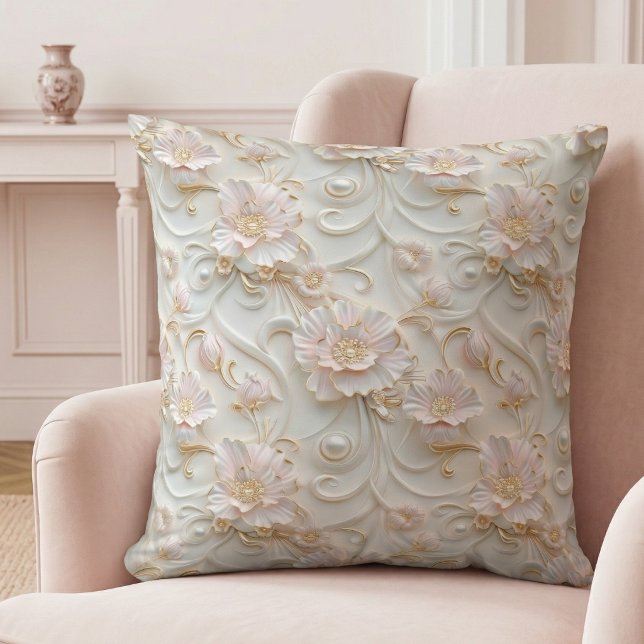 Klassieke luxe bloemenkussen kussen (elegant ornate girly glam pale blush pink ivory pearl floral throw pillow)