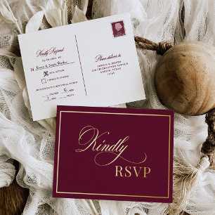 Klassieke Luxe Burgundy Trouw-RSVP Gouden Postkaar Folie Uitnodiging Briefkaart