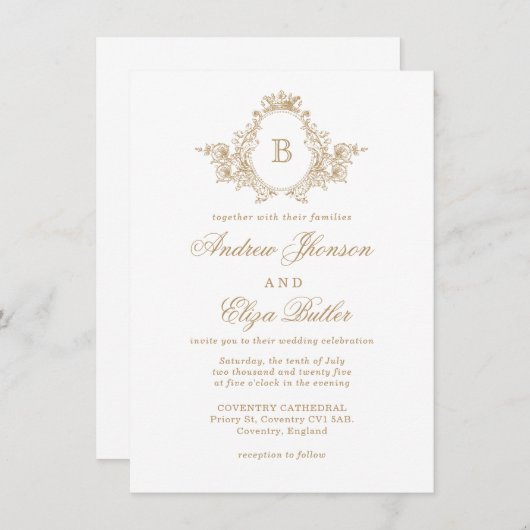 Klassieke Luxe Gold Monogram Crest Custom Wedding Kaart (Voorkant / Achterkant)