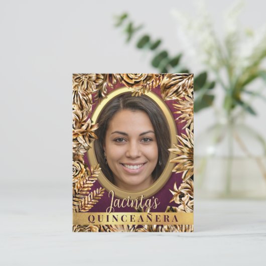 Klassieke luxe gouden bloemstuk aangepaste foto Qu Uitnodiging Briefkaart (Staand voorkant)