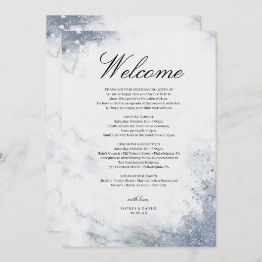 Klassieke Luxe Marmeren Trouw Welkom Itinerarium Programmakaart (Voorkant / Achterkant)