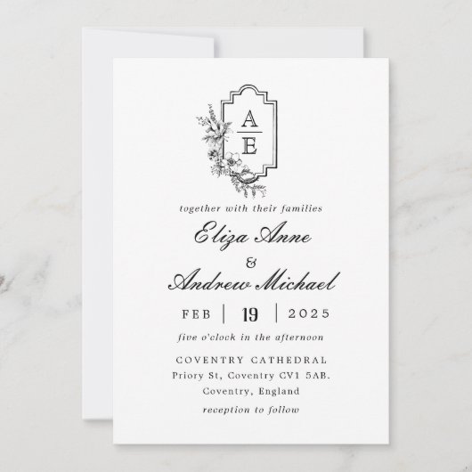 Klassieke Luxe Zwarte Monogram Trouwkaart Kaart (Voorkant)