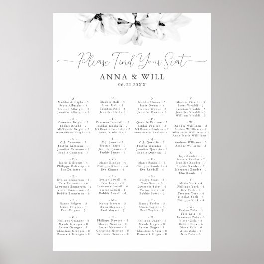 Klassieke Magnolia Zwart Wit Alfabetische Zitplaat Poster (Voorkant)