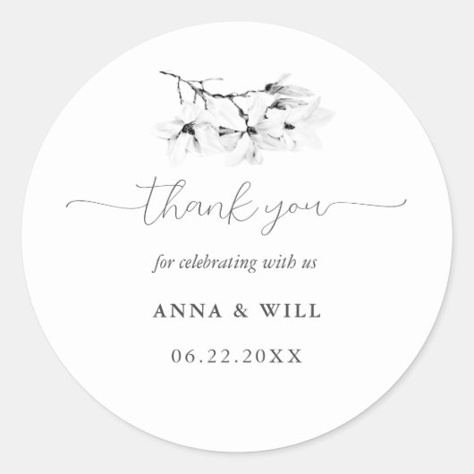 Klassieke Magnolia Zwart Wit Bloemen Bruiloft Favo Ronde Sticker (Voorkant)