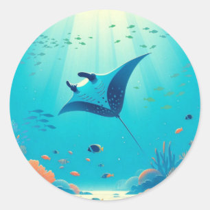 Klassieke, manta ray kustkunst ronde sticker