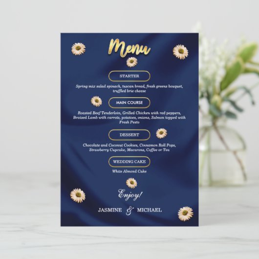 Klassieke Marine Blauw en Goud Huwelijk Elegante B Menu (Staand voorkant)