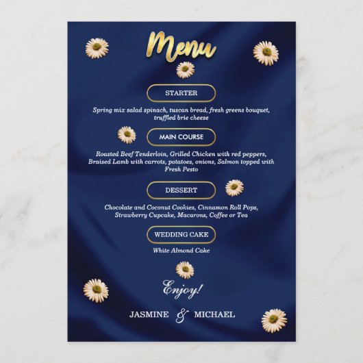 Klassieke Marine Blauw en Goud Huwelijk Elegante B Menu (Voorkant)