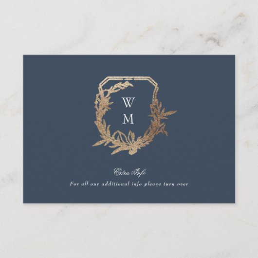 klassieke marine blauw gouden kuif bruiloft detail informatiekaartje (Voorkant)