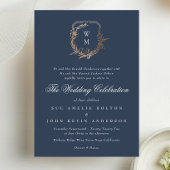klassieke marine blauw monogram bruiloft gouden ku kaart