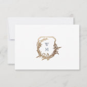 klassieke marine blauw monogram gouden kuif bruilo RSVP kaartje (Achterkant)