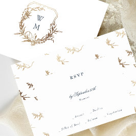 klassieke marine blauw monogram gouden kuif bruilo RSVP kaartje