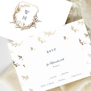 klassieke marine blauw monogram gouden kuif bruilo RSVP kaartje