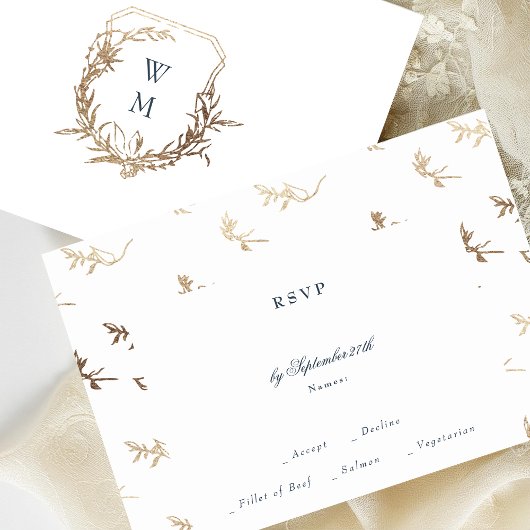 klassieke marine blauw monogram gouden kuif bruilo RSVP kaartje