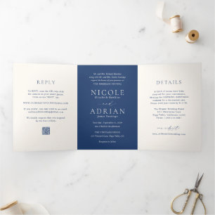 Klassieke Marine Blauw QR Code Elegant Huwelijk Drieluik Uitnodiging