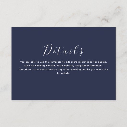 Klassieke Marine Blauwe bruiloft Details Informatiekaartje (Voorkant)