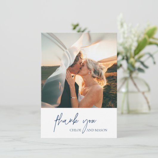 Klassieke Marine Blauwe Foto Elegante Huwelijk Bedankkaart (Staand voorkant)