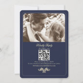 Klassieke Marine Blauwe Fotobruiloft Kaart (Achterkant)