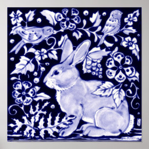 Klassieke marine Blue, White Rabbit Birds Dedham D Poster