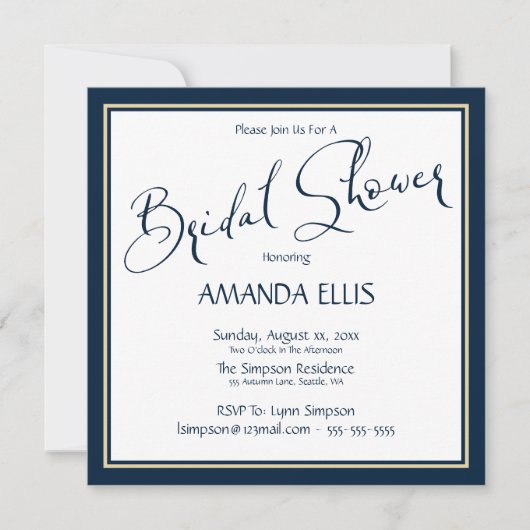 Klassieke marine en goud - Bridal Shower Invitatio Kaart (Voorkant)