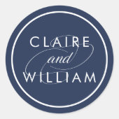 Klassieke marine en wit gepersonaliseerde bruiloft ronde sticker (Voorkant)