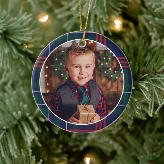 Klassieke marine Red Green Tartan Aangepaste foto Keramisch Ornament (Boom)