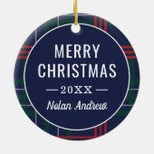 Klassieke marine Red Green Tartan Aangepaste foto Keramisch Ornament (Achterkant)