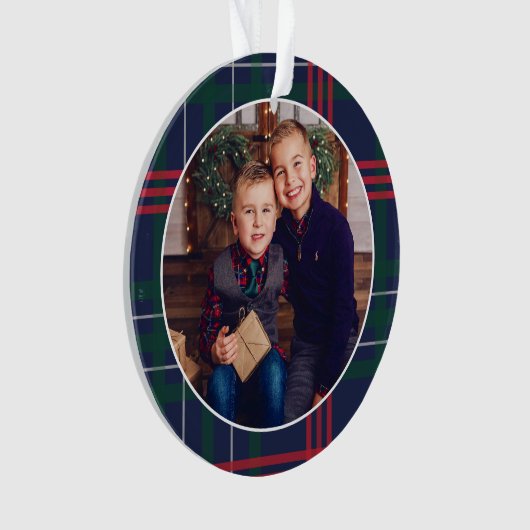Klassieke marine Red Green Tartan Aangepaste foto Ornament (voorkant)