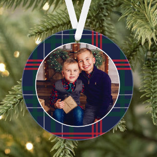 Klassieke marine Red Green Tartan Aangepaste foto Ornament