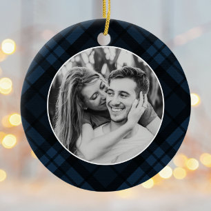 Klassieke Marine Tartan Plaid Foto Vakantie Keramisch Ornament