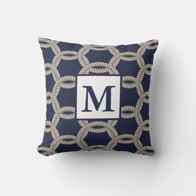 Klassieke marine & touwen | Monogram Kussen (Voorkant)