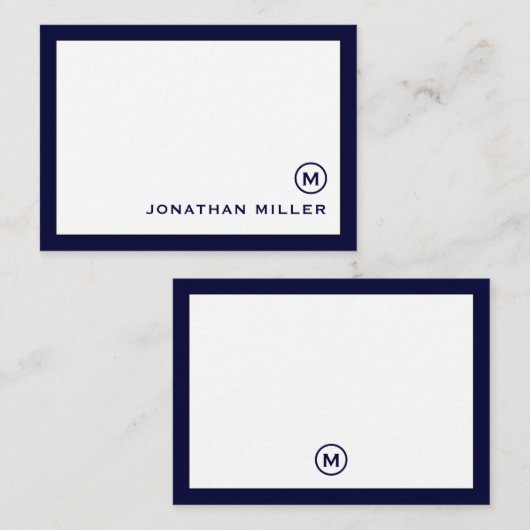 Klassieke marine White Monogram Note Kaart Notitiekaartje (Voorkant / Achterkant)