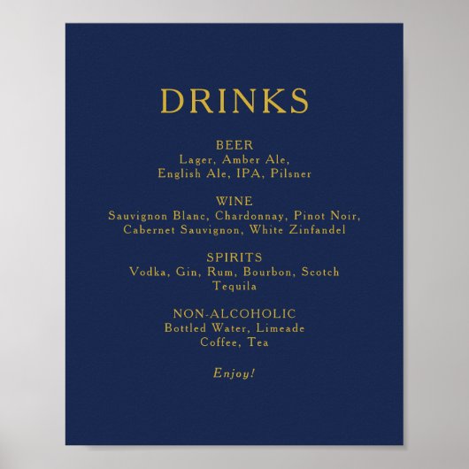 Klassieke marineblauw | Menu Gold Wedding Drink Poster (Voorkant)