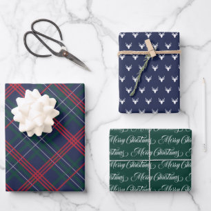 Klassieke marineblauw Tartan Pset Merry Kerstmis Inpakpapier Vel