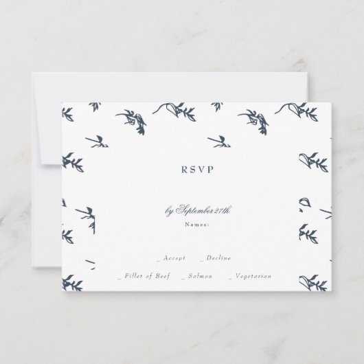 Klassieke marineblauwe bloemen monogram kuif bruil RSVP kaartje (Voorkant)