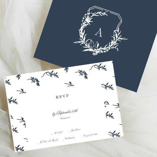 Klassieke marineblauwe bloemen monogram kuif bruil RSVP kaartje