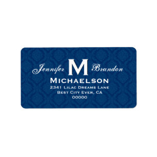Klassieke marineblauwe bruiloft Damask Monogram Etiket