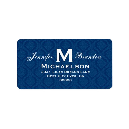 Klassieke marineblauwe bruiloft Damask Monogram Etiket (Voorkant)