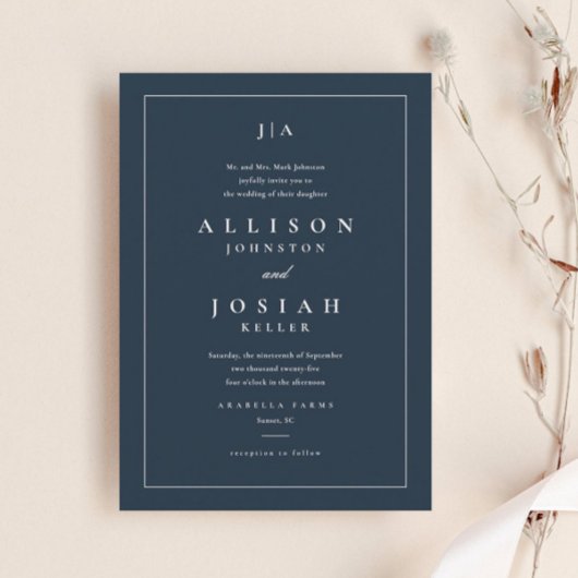 Klassieke marineblauwe bruiloft kaart