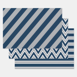 Klassieke marineblauwe en grijze geometrische stre inpakpapier vel