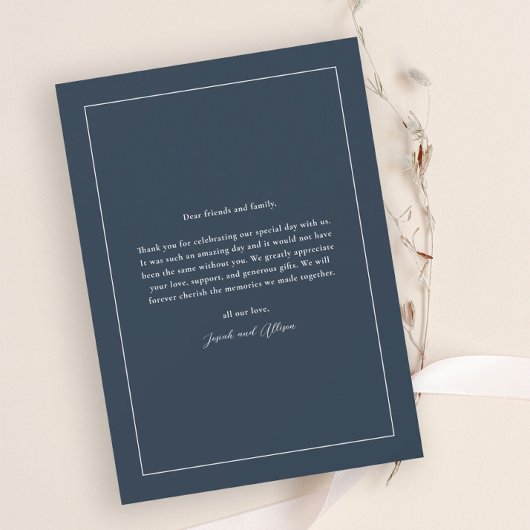 Klassieke marineblauwe trouwfoto bedankkaart