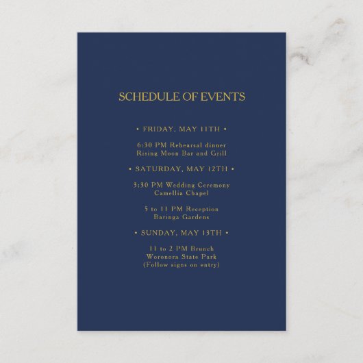 Klassieke marineblauwgoudweddenschappen informatiekaartje (Voorkant)