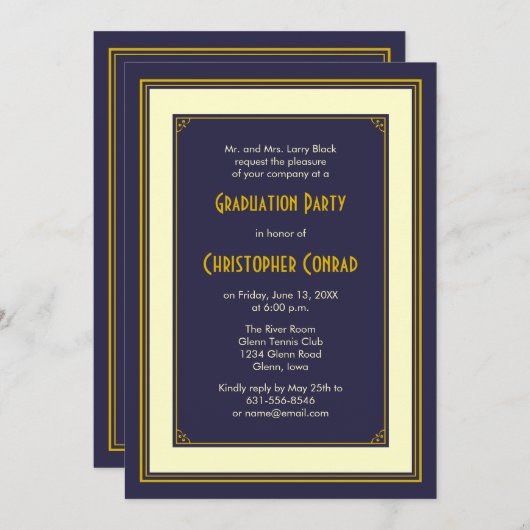 Klassieke marineuitnodiging en gouden Afstuderen Kaart (Voorkant / Achterkant)