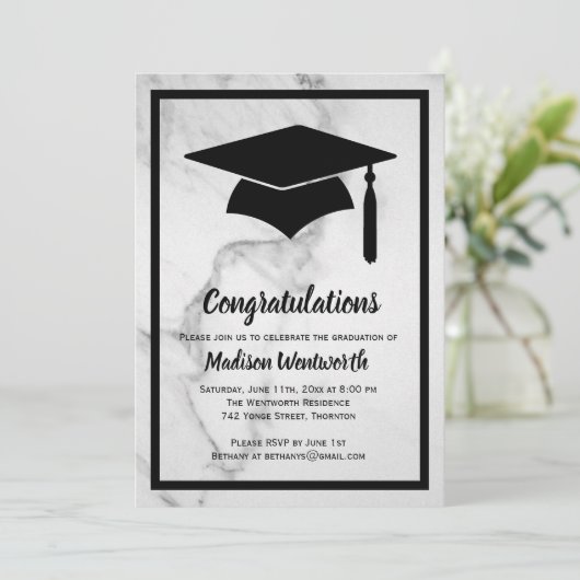 Klassieke marmer Afstuderen uitnodiging - zwart (Staand voorkant)