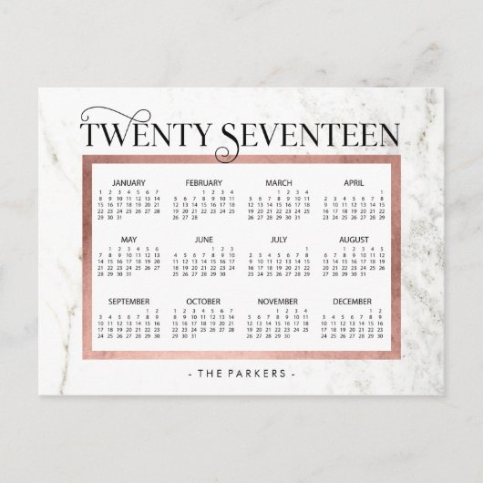Klassieke Marmer en Faux Roos Gold 2017 Kalender Feestdagenkaart (Voorkant)
