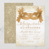 Klassieke Masker Gouden Glitter Quinceanera Kaart (Voorkant / Achterkant)