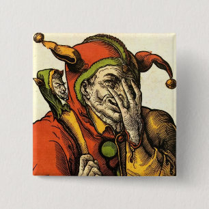 Klassieke medieval Joker, Jester of Fool. Vintage. Vierkante Button 5,1 Cm