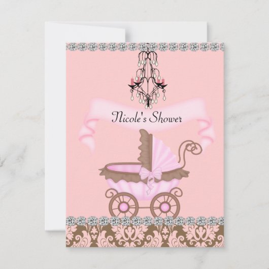 Klassieke MEISJE BABY Shower UITNODIGINGEN Damask (Voorkant)